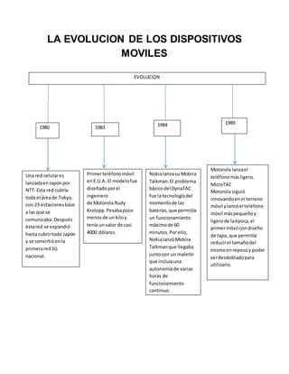 LA EVOLUCION DE LOS DISPOSITIVOS
MOVILES
EVOLUCION
1980
Una red celulares
lanzadaenJapónpor
NTT: Esta red cubría
toda el áreade Tokyo,
con 23 estacionesbase
a las que se
comunicaba.Después
éstared se expandió
hasta cubrirtodo Japón
y se convirtióenla
primerared1G
nacional.
1983
Primerteléfonomóvil
enE.U.A.:El modelofue
diseñadoporel
ingeniero
de Motorola Rudy
Krolopp.Pesabapoco
menosde un kiloy
tenía unvalor de casi
4000 dólares.
1984
Nokialanzasu Mobira
Talkman:El problema
básicodel DynaTAC
fue la tecnologíadel
momentode las
baterías,que permitía
un funcionamiento
máximode 60
minutos.Porello,
Nokialanzó Mobira
Talkmanque llegaba
juntocon un maletín
que incluíauna
autonomíade varias
horas de
funcionamiento
continuo.
1989
Motorola lanzael
teléfonomásligero,
MicroTAC
Motorola siguió
innovandoenel terreno
móvil ylanzóel teléfono
móvil máspequeñoy
ligerode laépoca,el
primermóvil condiseño
de tapa, que permitía
reducirel tamañodel
mismoenreposoy poder
serdesdobladopara
utilizarlo.
 