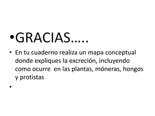•GRACIAS…..
• En tu cuaderno realiza un mapa conceptual
donde expliques la excreción, incluyendo
como ocurre en las plantas, móneras, hongos
y protistas
•
 