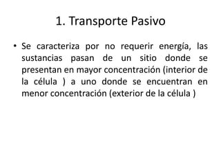 1. Transporte Pasivo
• Se caracteriza por no requerir energía, las
sustancias pasan de un sitio donde se
presentan en mayor concentración (interior de
la célula ) a uno donde se encuentran en
menor concentración (exterior de la célula )
 