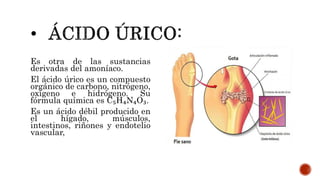 Es otra de las sustancias
derivadas del amoníaco.
El ácido úrico es un compuesto
orgánico de carbono, nitrógeno,
oxígeno e hidrógeno. Su
fórmula química es C₅H₄N₄O₃.
Es un ácido débil producido en
el hígado, músculos,
intestinos, riñones y endotelio
vascular,
 