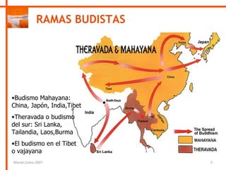 RAMAS BUDISTAS <ul><li>Budismo Mahayana: China, Japón, India,Tibet </li></ul><ul><li>Theravada o budismo  del sur: Sri Lan...
