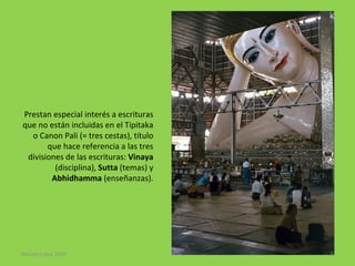 Prestan especial interés a escrituras que no están incluidas en el Tipitaka o Canon Pali (= tres cestas), título que hace referencia a las tres divisiones de las escrituras:  Vinaya  (disciplina),  Sutta  (temas) y  Abhidhamma  (enseñanzas). Marian Calvo 2007 