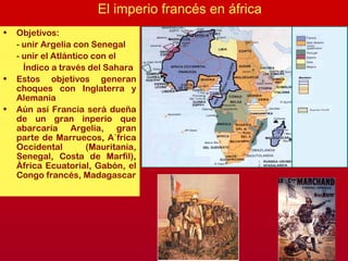• Objetivos:
- unir Argelia con Senegal
- unir el Atlántico con el
Índico a través del Sahara
• Estos objetivos generan
choques con Inglaterra y
Alemania
• Aún así Francia será dueña
de un gran inperio que
abarcaría Argelia, gran
parte de Marruecos, A´frica
Occidental (Mauritania,
Senegal, Costa de Marfil),
África Ecuatorial, Gabón, el
Congo francés, Madagascar
El imperio francés en áfrica
 