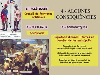 4.- ALGUNES  CONSEQÜÈNCIES Explotació d’homes i terres en  benefici de les metròpolis   Expropiació de la terra i destrucció de l’agricultura tradicional Obligació de comprar a la metròpolis i destrucció del treball artesanal Impostos en diner i necessitat de Treballar en plantacions i mines 3.- ECONOMIQUES 1.- POLÍTIQUES Creació de fronteres artificials Aculturació   2.- CULTURALS 