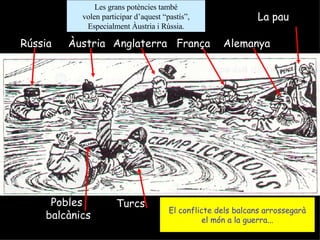 Les grans potències també volen participar d’aquest “pastís”, Especialment Àustria i Rússia. Pobles balcànics Turcs Rússia Alemanya Àustria Anglaterra França La pau El conflicte dels balcans arrossegarà el món a la guerra... 
