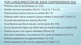 POR LA RESURRECCIÓN DE JESÚS COMPRENDEMOS QUE:
1. Podemos creer en las Escrituras (Jn. 2.22)
2. También seremos resucitados ( Ro 6:4; 1 Co 6:14; 1 Ts 4:14)
3. Podemos llevar buenos frutos en su nombre (Ro 7:4)
4. Podemos recibir vida en nuestros cuerpos mortales a través del E.S (Ro 8:11)
5. Hoy está intercediendo por nosotros (Ro 8:34)
6. Si confesamos que Dios le resucitó, somos salvos (Ro 10:9)
7. Con su resurrección llegó a ser Señor tanto de muertos como de vivos(Ro14:9)
8. Tenemos acceso a los lugares celestiales (Efesios 2:6)
9. Que somos sepultados y resucitados en Él a través del bautismo (Col 2:12)
10. Debemos esperarle en su segunda venida (1 Ts 1:10)
11. Somos creyentes en Dios con fe y esperanza (1 Pedro 1:21) 20
 