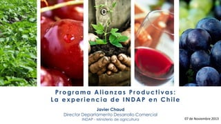 Programa Alianzas Productivas:
La experiencia de INDAP en Chile
Javier Chaud
Director Departamento Desarrollo Comercial
INDAP - Ministerio de agricultura

07 de Noviembre 2013

 