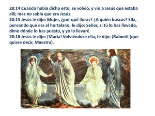 20:14 Cuando había dicho esto, se volvió, y vio a Jesús que estaba allí; mas no sabía que era Jesús. 20:15 Jesús le dijo: Mujer, ¿por qué lloras? ¿A quién buscas? Ella, pensando que era el hortelano, le dijo: Señor, si tú lo has llevado, dime dónde lo has puesto, y yo lo llevaré. 20:16 Jesús le dijo: ¡María! Volviéndose ella, le dijo: ¡Raboni! (que quiere decir, Maestro).