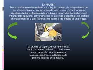 LA PRUEBA
Tema ampliamente desarrollado por la ley, la doctrina y la jurisprudencia por
ser el eje en torno al cual se desarrolla todo proceso, la definiré como
aquella actividad o elementos de prueba que desarrollan las partes con el
tribunal para adquirir el convencimiento de la verdad o certeza de un hecho o
afirmación fáctica o para fijarlos como ciertos a los efectos de un proceso.
La prueba de experticia nos referimos al
medio de prueba realizado u obtenido con
la aportación de ciertos elementos
técnicos, científicos o artísticos de la
persona versada en la materia.
 