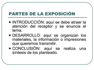 PARTES DE LA EXPOSICIÓN
   INTRODUCCIÓN: aquí se debe atraer la
    atención del receptor y se enuncia el
    tema.
   DESARROLLO: aquí se organizan los
    materiales, la información o impresiones
    que queremos transmitir.
   CONCLUSIÓN: aquí se realiza una
    síntesis de los planteado.
 