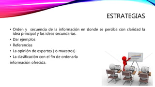 ESTRATEGIAS
• Orden y secuencia de la información en donde se perciba con claridad la
idea principal y las ideas secundarias.
• Dar ejemplos
• Referencias
• La opinión de expertos ( o maestros)
• La clasificación con el fin de ordenarla
información ofrecida.
 