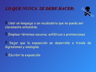 Escribir la exposición Dejar que la exposición se desarrolle a través de digresiones y analogías. Emplear términos oscuros, enfáticos o pretenciosos Usar un lenguaje o un vocabulario que no pueda ser claramente entendido. LO QUE NUNCA  SE DEBE HACER:  En General 