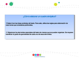 ¿Cómo elaborar un cuadro sinóptico? Determinar las ideas centrales del texto. Para esto, utiliza las reglas para elaboración de resúmenes que consideres pertinentes.  Relacionar los elementos esenciales del texto de manera que se puedan organizar. Se requiere identificar el grado de generalidad de cada uno de esos elementos. 