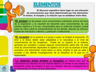 El discurso expositivo tiene lugar en una situación
de comunicación que viene determinada por tres elementos:
el emisor, el receptor y la relación que se establece entre ellos.
•El emisor ha de poseer unos conocimientos suficientes acerca del tema
de la exposición y la voluntad de transmitir esos conocimientos de una
manera objetiva y, a la vez, comprensible para su potencial receptor; puede
tratar de influir sobre el comportamiento de los demás, además de informar.
Puede ser individual o colectivo, y particular o institucional.
•El receptor es la persona o el grupo a quien va dirigida la exposición. El
tono y el léxico deben estar adaptados a la naturaleza y el nivel de
conocimientos de los receptores. Puede ser un experto en la materia,
ignorarla por completo o poseer algunos conocimientos sobre ella. De este
nivel de conocimientos dependerá el objetivo con el que se acerque al texto:
encontrar una información inicial sobre un tema, ampliar lo que ya sabe o
acceder a las últimas investigaciones de la disciplina en la que es un
especialista.
•La relación entre emisor y receptor es básica para que la
información se transmita de una manera efectiva. El emisor ha de adaptar su
exposición al tipo de receptor al que va a dirigirse: solo así conseguirá dar a
su intervención el nivel y el tono adecuados.
ELEMENTOS
 