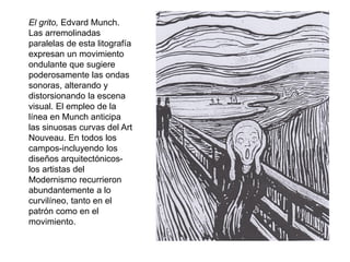 El grito, Edvard Munch.
Las arremolinadas
paralelas de esta litografía
expresan un movimiento
ondulante que sugiere
podero...