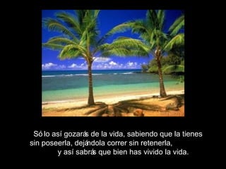 Só lo así gozarás de la vida, sabiendo que la tienes
sin poseerla, dejándola correr sin retenerla,
y así sabrás que bien has vivido la vida.
 