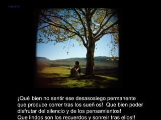 VMGR/05




     ¡Qué bien no sentir ese desasosiego permanente
     que produce correr tras los sueñ os! Que bien poder
     disfrutar del silencio y de los pensamientos!
     Que lindos son los recuerdos y sonreír tras ellos!!
 