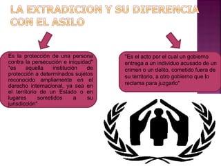 Es la protección de una persona
contra la persecución e iniquidad"
"es aquella institución de
protección a determinados sujetos
reconocido ampliamente en el
derecho internacional, ya sea en
el territorio de un Estado o en
lugares sometidos a su
jurisdicción"
"Es el acto por el cual un gobierno
entrega a un individuo acusado de un
crimen o un delito, cometido fuera de
su territorio, a otro gobierno que lo
reclama para juzgarlo"
 