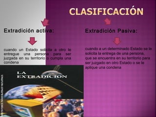 Extradición activa:
cuando un Estado solicita a otro le
entregue una persona para ser
juzgada en su territorio o cumpla una
condena
Extradición Pasiva:
cuando a un determinado Estado se le
solicita la entrega de una persona,
que se encuentra en su territorio para
ser juzgado en otro Estado o se le
aplique una condena
 