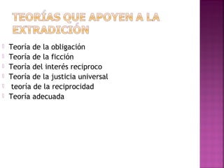  Teoría de la obligación
 Teoría de la ficción
 Teoría del interés reciproco
 Teoría de la justicia universal
 teoría de la reciprocidad
 Teoría adecuada
 
