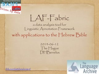 LAF-Fabric
a data analysis tool for
Linguistic Annotation Framework
with applications to the Hebrew Bible
dirk.roorda@dans.knaw.nl
2014-06-12
The Hague
DHBenelux
 