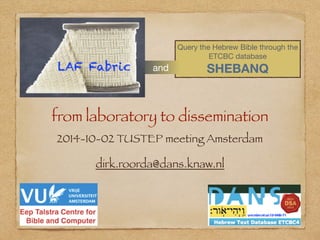 The Hebrew Bible as Data 
Laboratory - Sharing - Lessons 
dirk.roorda@dans.knaw.nl 
2014-10-02 
TUSTEP meeting 
Amsterdam ...