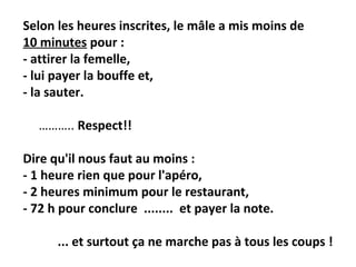 Selon les heures inscrites, le mâle a mis moins de
10 minutes pour :
- attirer la femelle,
- lui payer la bouffe et,
- la sauter.

  ……….. Respect!!

Dire qu'il nous faut au moins :
- 1 heure rien que pour l'apéro,
- 2 heures minimum pour le restaurant,
- 72 h pour conclure ........ et payer la note.

      ... et surtout ça ne marche pas à tous les coups !
 