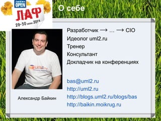 О себе
Разработчик → … → CIO
Идеолог uml2.ru
Тренер
Консультант
Докладчик на конференциях
bas@uml2.ru
http://uml2.ru
http:...