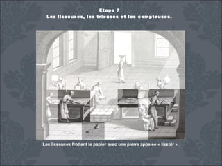 Etape 7
Les lisseuses, les trieuses et les compteuses.

Les lisseuses frottent le papier avec une pierre appelée « lissoir » .

 