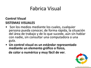 Fabrica Visual
Control Visual
SISTEMAS VISUALES
• Son los medios mediante los cuales, cualquier
persona pueda conocer, de forma rápida, la situación
del área de trabajo y de lo que sucede, aún sin hablar
con nadie, sin consultar una computadora o una
guía.
• Un control visual es un estándar representado
mediante un elemento gráfico o físico,
de color o numérico y muy fácil de ver.
 