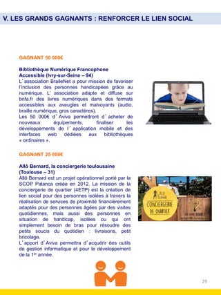 29
V. LES GRANDS GAGNANTS : RENFORCER LE LIEN SOCIAL
GAGNANT 50 000€
Bibliothèque Numérique Francophone
Accessible (Ivry-s...