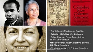 •Frantz Fanon; Martinique; Psychiatry
•Patricia Hill Collins; US; Sociology
•Felipe Guaman Poma; Perú; Author
of Inca Chronicle (1615)
•The Combahee River Collective; Boston-
US; Black Feminism
•Gloria Anzaldúa; US; Chicana Feminism
marcela polanco at La Fabrique Narrative May 18 & 19 2021
 