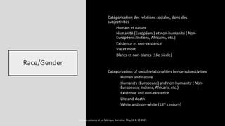 Race/Gender
Catégorisation des relations sociales, donc des
subjectivités
Humain et nature
Humanité (Européens) et non-humanité ( Non-
Européens: Indiens, Africains, etc.)
Existence et non-existence
Vie et mort
Blancs et non-blancs (18e siècle)
Categorization of social relationalities hence subjectivities
• Human and nature
• Humanity (Europeans) and non-humanity ( Non-
Europeans: Indians, Africans, etc.)
• Existence and non-existence
• Life and death
• White and non-white (18th century)
marcela polanco at La Fabrique Narrative May 18 & 19 2021
 