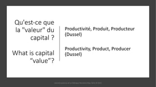 Qu'est-ce que
la "valeur" du
capital ?
What is capital
“value”?
Productivité, Produit, Producteur
(Dussel)
Productivity, Product, Producer
(Dussel)
marcela polanco at La Fabrique Narrative May 18 & 19 2021
 