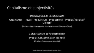 Capitalisme et subjectivités
Objectivation de la subjectivité
Organismes - Travail - Producteurs - Productivité – Produit/Résultat/
Objectif
(Bodies-Labor-Producers-Productivity-Product/Outcome/Goal)
Subjectivation de l'objectivation
Produit-Consommation-Identité
(Product-Consumption-Identity)
marcela polanco at La Fabrique Narrative May 18 & 19 2021
 