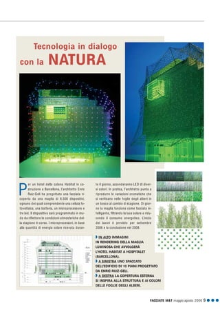 FACCIATE M&T maggio·agosto 2006 9 G G G
er un hotel della catena Habitat in co-
struzione a Barcellona, l’architetto Enric
Ruiz-Geli ha progettato una facciata ri-
coperta da una maglia di 6.500 dispositivi,
ognuno dei quali comprendente una cellula fo-
tovoltaica, una batteria, un microprocessore e
tre led. Il dispositivo sarà programmato in mo-
do da riflettere le condizioni atmosferiche del-
la stagione in corso. I microprocessori, in base
alla quantità di energia solare ricevuta duran-
te il giorno, accenderanno LED di diver-
si colori. In pratica, l’architetto punta a
riprodurre le variazioni cromatiche che
si verificano nelle foglie degli alberi in
un bosco al cambio di stagione. Di gior-
no la maglia funziona come facciata in-
telligente, filtrando la luce solare e ridu-
cendo il consumo energetico. L’inizio
dei lavori è previsto per settembre
2006 e la conclusione nel 2008.
P
Q IN ALTO IMMAGINI
IN RENDERING DELLA MAGLIA
LUMINOSA CHE AVVOLGERÀ
L’HOTEL HABITAT A HOSPITALET
(BARCELLONA).
Q A SINISTRA UNO SPACCATO
DELL’EDIFICIO DI 10 PIANI PROGETTATO
DA ENRIC RUIZ-GELI.
Q A DESTRA LA COPERTURA ESTERNA
SI INSPIRA ALLA STRUTTURA E AI COLORI
DELLE FOGLIE DEGLI ALBERI.
Tecnologia in dialogo
con la NATURA
 