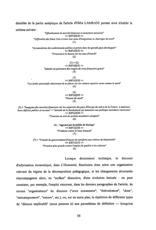 detaillee de la partie analytique de 1'article d'Okba LAMRANI permet ainsi d'etablir le
schema suivant:
"Effondrement du marchi financier et monetaire mexicain"
» MPLIQUE »
"DiJJicultes des Etats Unisa creerleur zone d'integration en Amerique du nord"
(1)
"Accumulation des endettements publics et prives dans les grands pays developpes"
»IMPLIQUE »
"Pressions a la hausse sur les tauxd'interet"
(2)
(l) + (2)
»IMPLIQUE »
"Montee en puissame des risquesde criseJinanciere grave"
(3)
(3)
»IMPIJQUE »
"Les fonds spiculatifs choisissent dese placer sur lesvaleurs reputees sures comme le mark"
(4)
(4)
» MPLIQUE »
"Hausse du mark"
(5)
(5)+"Smtpgons des marchesfinanciers sur ks capacites des pays dEuropedu sud et de la Fmnce a mattriser
leurs dificitspublics et sociaux" +"Attitude de la Bundesbankqui maintient unepolitique monetaire restrictive"
»IMPLIQUE»
"Tensions au seindu systeme monitaire europeen"
(6)
(6),"aggrave par lafailUte de Barings"
»IMPLiQUE »
"Pressions contre le franc frangais"
(7)
( 7 )+ "Volonte d u gouvemementfrangais d e satisfaire aux criteres d e Maastricht"
» MPI.IQUE »
"Pression plus grande contreVemploi de qualite et les salaires"
(8)
Lorsque directement technique, le discours
d'information economique, dans UHumanite, fonctionne donc selon une organisation
relevant du regime de la decomposition pedagogique, et les changements structurels
s'accompagnent alors, en "surface" discursive, d'une evolution lexicale : on peut
constater, par exemple, 1'emploi recurrent, dans les derniers paragraphes de 1'article, de
termes "organisateurs" du discours ("avec notamment", "litteralement", "donc",
"mecaniquement", "encore", etc ), ou, sur un autre plan, la repetition de differents types
de "detours explicatifs" (nous pensons ici aux parentheses de definition — lorsqu'est
58
 