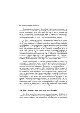 10
LaFaisabilitépolitiquedel'ajustement
On a supposé que les agents économiques réagissent conformément à la
théorie standard. Les entreprises, par exemple, investissent moins si l’ajustement
entraîne une hausse des taux d’intérêt. Enfin, si le pays est en crise financière, les
agents extérieurs interviennent pour aider le pays à respecter ses engagements,
en remboursant ses dettes en totalité ou en partie, tout en se souciant des
intérêts propres du pays (le retour à une croissance stable et durable).
La figure 1 résume ces relations. Un premier bloc (flèches 3 et 4) montre
les effets économiques et politiques des mesures prises par le gouvernement ou
par les agents extérieurs. Par exemple, une politique monétaire restrictive freine
l’activité (flèche 3) ou la suppression d’une subvention provoque des troubles
(flèche 4).Ledeuxièmebloc(flèches 1,2et5),montrecommentlegouvernement
réagit aux événements politiques ou aux conditions économiques. Avec la
flèche 1, par exemple, on voit comment un grave déficit extérieur oblige le
gouvernement à stabiliser. Les troubles entraînent la répression (flèche 2). Enfin,
la conditionnalité manifeste l’influence du FMI sur la politique du gouvernement
(flèche 5). Le dernier bloc (flèches 6 et 7) illustre les relations avec l’extérieur :
celui-ci réagit à la crise financière du pays (flèche 6) ou à la situation politique
(flèche 7), en désapprouvant, par exemple, une répression très dure.
On peut aussi interpréter cet ensemble d’interactions dans une perspective
dynamique en mettant en lumière un cycle politico-économique propre à
l’ajustement.Supposonsqu’enraisondugravedéficitdelabalancedespaiements,
un gouvernement prenne des mesures impopulaires de stabilisation (flèche 1) ;
ces mesures provoquent des grèves et des manifestations (flèche 4), ce qui le
contraint à réprimer (flèche 2). Mais habituellement cette répression n’est pas
durable dans des démocraties ou des autocraties (à la différence des dictatures).
Après un certain temps, le gouvernement prend des mesures de libéralisation
politique (flèche 4). Si l’aide extérieure a redonné une marge de manœuvre au
gouvernement, il peut prendre des mesures économiques populaires, ce qui
relance l’économie et accroît le soutien à sa politique (flèches 3 et 4).
Malheureusement,silesdéséquilibresmacro-économiquesn’ontpasétévraiment
rétablis entre-temps, ce retour à une politique plus laxiste risque de ramener le
pays à son point de départ. Dans ce cas, on peut considérer la conditionnalité
comme une protection contre ce processus cyclique.
Les risques politiques d’un programme de stabilisation
Nos deux échantillons, comprenant de nombreux pays d’Afrique et
d’Amérique latine, confirment les risques d’un tel programme. On observe, avec
un décalage de trois à six mois, un lien étroit entre l’annonce des mesures de
 