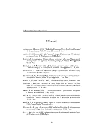 40
LaFaisabilitépolitiquedel'ajustement
Bibliographie
ALESINA, A. et R.PEROTTI (1994), “The PoliticalEconomy ofGrowth:ACriticalSurvey of
theRecentLiterature”,The World Bank Economic Review.
AZAM,J.-P.etC.MORRISSON (1994),LaFaisabilitépolitiquedel’ajustementenCôted’Ivoireet
au Maroc, Centre de Développement, OCDE, Paris.
BARDHAN, P. (à paraître), Le Rôle de la bonne gestion des affaires publiques dans le
développement : une approche d'économie politique, Centre de Développement,
OCDE, Paris.
BOUIN, O. et C.-A. MICHALET (1991), Le Rééquilibrage entre secteurs public et privé :
l’expérience des pays en développement, Centre de Développement, OCDE, Paris.
BOURGUIGNON, F., J.DE MELO et C.MORRISSON(1991),“AdjustmentwithGrowthandEquity:
ASymposium”,WorldDevelopment.
BOURGUIGNON,F.etC.MORRISSON(1992), Ajustementetéquitédanslespaysendéveloppement :
une approche nouvelle, Centre de Développement, OCDE, Paris.
CORNIA,A.,R.JOLLY et E.STEWART (1987),L’Ajustementàvisagehumain,Economica,Paris.
DE JANVRY, A., A.GRAHAM, E.SADOULET, R.ESPINEL, W.SPURRIER, H.P.NISSEN et F.WELSCH
(1994),LaFaisabilitépolitiquedel’ajustementenÉquateuretauVenezuela,Centrede
Développement, OCDE, Paris.
DOHNER, R. et S.HAGGARD (1994),LaFaisabilitépolitiquedel’ajustementauxPhilippines,
Centre de Développement, OCDE, Paris.
FREY, B. et R.EICHENBERGER (1992),ThePoliticalEconomyofStabilizationProgrammesin
Developing Countries, Document technique No. 59, Centre de Développement,
OCDE, Paris.
GRILLI, V., D.MASCIANDARO et G.TABELLINI (1991),“PoliticalandMonetaryInstitutionsand
PublicFinancePolicies”,EconomicPolicy.
HAGGARD,S.,J.-D.LAFAY etC.MORRISSON(1995),LaFaisabilitépolitiquedel’ajustementdans
les pays en développement, Centre de Développement, OCDE, Paris.
LAFAY,J.-D.etJ.LECAILLON(1993),LaDimensionpolitiquedel’ajustementéconomique,Centre
de Développement, OCDE, Paris.
 