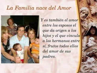 La Familia nace del Amor

                Y es también el amor 
                 entre los esposos el 
                 que da origen a los 
                 hijos y el que vincula 
                 a los hermanos entre 
                 sí, frutos todos ellos 
                 del amor de sus 
                 padres.

                 
 