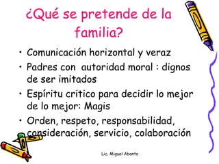 Valores aprendidos en la familia Obediencia Disciplina: autocontrol Servicio: compartir Socialización: Honradez, toma de decisiones Compromiso de fe Lic. Miguel Abanto Responsabilidad 