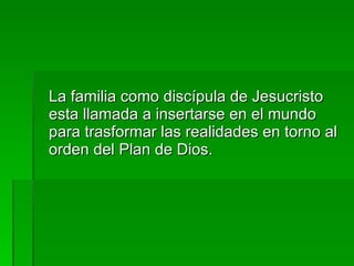 La familia como discípula de Jesucristo esta llamada a insertarse en el mundo para trasformar las realidades en torno al orden del Plan de Dios. 