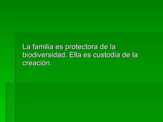 La familia es protectora de la biodiversidad. Ella es custodia de la creación. 