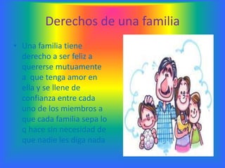 Derechos de una familia
• Una familia tiene
  derecho a ser feliz a
  quererse mutuamente
  a que tenga amor en
  ella y se llene de
  confianza entre cada
  uno de los miembros a
  que cada familia sepa lo
  q hace sin necesidad de
  que nadie les diga nada
 