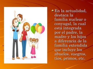 En la actualidad,
destaca la
familia nuclear o
conyugal, la cual
está integrada
por el padre, la
madre y los hijos
a diferencia de la
familia extendida
que incluye los
abuelos, suegros,
tíos, primos, etc.

 
