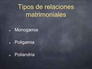 Tipos de relaciones
matrimoniales
Monogamia
Poligamia
Poliandria
 