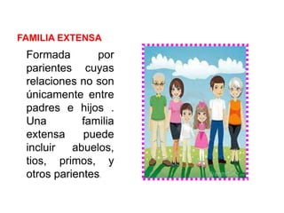 FAMILIA EXTENSA
Formada por
parientes cuyas
relaciones no son
únicamente entre
padres e hijos .
Una familia
extensa puede
incluir abuelos,
tios, primos, y
otros parientes.
 