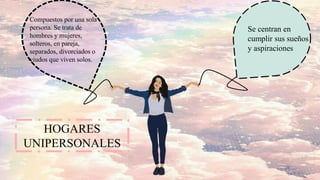 HOGARES
UNIPERSONALES
Compuestos por una sola
persona. Se trata de
hombres y mujeres,
solteros, en pareja,
separados, divorciados o
viudos que viven solos.
Se centran en
cumplir sus sueños
y aspiraciones
 