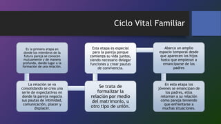 Ciclo Vital Familiar
Contacto
Establecimiento
de la relación
Formalización
de la relación
Luna de miel
Creación del
grupo familiar
La segunda
pareja
Es la primera etapa en
donde los miembros de la
futura pareja se conocen
mutuamente y de manera
profunda, dando lugar a la
formación de una relación.
La relación se va
consolidando se crea una
serie de expectativas en
donde la pareja negocia
sus pautas de intimidad,
comunicación, placer y
displacer.
Se trata de
formalizar la
relación por medio
del matrimonio, u
otro tipo de unión.
Esta etapa es especial
para la pareja porque
comienza su vida juntos,
siendo necesario delegar
funciones y crear pautas
de convivencia.
Abarca un amplio
espacio temporal desde
que aparecen los hijos
hasta que empiezan a
emanciparse de los
padres
En esta etapa los
jóvenes se emancipan de
los padres, ellos
retornan a su relación
como pareja teniendo
que enfrentarse a
muchas situaciones.
 