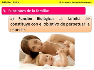3.- Funciones de la familia:
a) Función Biológica: La familia se
constituye con el objetivo de perpetuar la
especie.
I- Unidad : Cívica I.E.P «Nuestra Señora de Guadalupe»
 